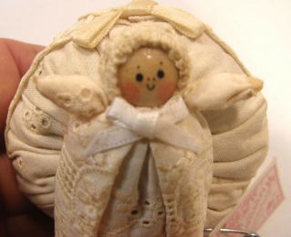 Vintage Ann Fuller England Miniature Hp Wooden Baby Lullaby Doll Pincushion