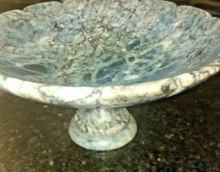 Vtg Italian Alabaster Carved Blue Marble Pedestal Fruit Bowl Kcb