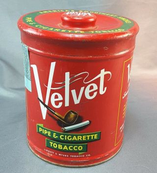 Vintage Velvet Pipe & Cigarette Tobacco Tin Round Can & Lid With Knob