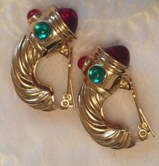 Vintage Moghul Gripoix Style Glass Cabochon Large Horn Of Plenty Earrings