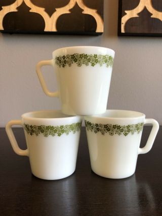 Set Of 3 Vintage Pyrex Green Spring Blossom Crazy Daisy D - Handle Mugs Milk Glass