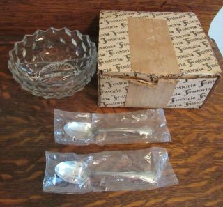Vintage Fostoria American Divided Mayo Condiment Bowl With Spoons In Orig Box