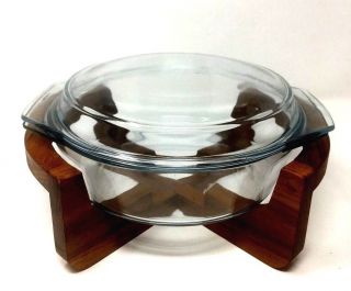 Vintage Mcm Lipper 2 Qt.  Glass Covered Casserole W/ Teakwood (teak Wood) Cradle