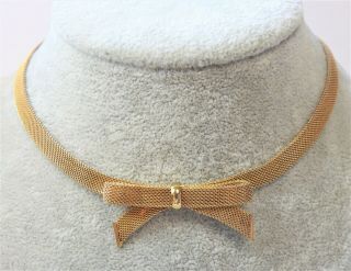 Vintage Midcentury Grosse Germany Gold Tone Mesh Bow Choker Collar Necklace