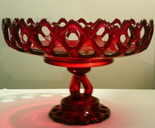 Vintage Westmoreland Ruby Red Doric Lace Pattern Glass Pedestal Bowl 7 " H X 10 " W
