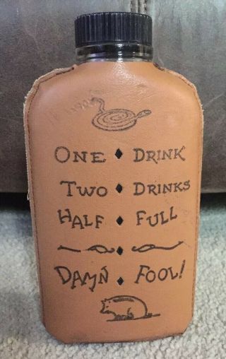 Vintage Leather & Glass Flask - One Drink - Two Drink - Half Full - Damn Fool Cutout