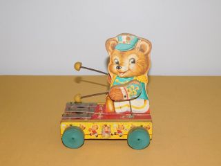 Vintage 1962 Fisher Price Tiny Teddy Musical Xylophone Wood Pull String Toy