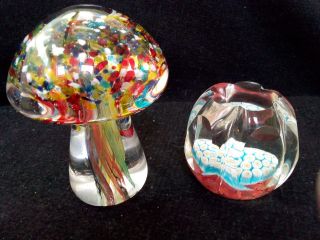 Vintage Murano Mushroom Paperweight Blue Bubbles 4.  5 Inches High And One Other