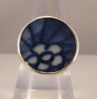 Vtg Est Sterling Silver 925 Chinese Blue Floral Design Ceramic Porcelain Ring