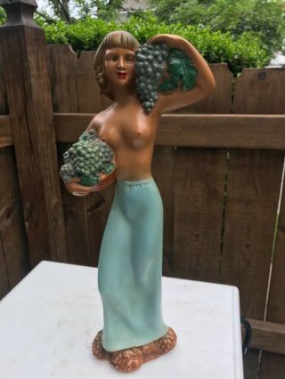 Vintage Chalkware Art Deco Nude Statue Woman Carrying Grapes 18 " Abco N.  Y.  1940