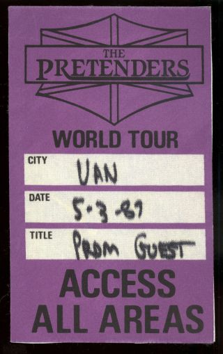 Vintage 1987 The Pretenders World Tour All Access Backstage Tour Pass