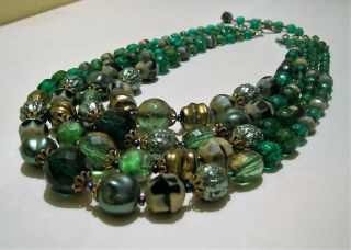 Vintage Green Bead Multi Strand Necklace W.  Germany 1950s