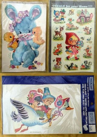 (3) Vintage Water Slide Decals Mother Goose Blue Bunny Fairy Tales