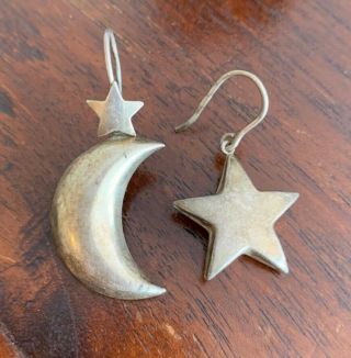 Vintage 925 Sterling Silver Puffy Moon & Star Celestial Dangle Earrings