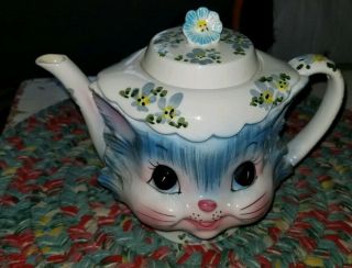 Vintage Lefton Miss Priss Teapot Blue Cat Kitty 1516 4 Cup Cond