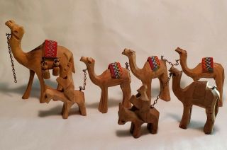 Vtg Hand Carved Wooden Camel Team Figurine Set Donkey Leader Primitive Burro
