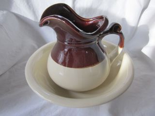 Vintage Mccoy Pottery Ceramic Pitcher Bowl/basin Set 7515 Brown & Cream 7 - 3/8 "
