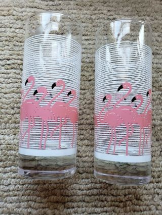 Vintage Tall Pink Flamingo Drinking Weighted Drinking Cocktail Glasses Set Of 2