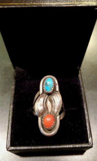 Vintage Old Pawn Navajo Turquoise Red Coral Sterling Silver Ring