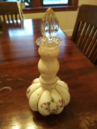 Vintage Hand Painted Rose,  Fenton Perfume Bottle 8 " Tall With Glass Stopper