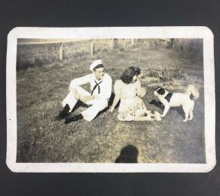 Vtg Ww2 Us Navy Sailor Young Cute Pretty Girlfriend Wife Dog Snapshot Photo Old