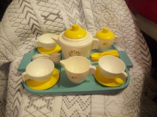 Vtg 1982 Fisher Price Fun With Food Tea Set W/blue Tray White & Yellow Dishes
