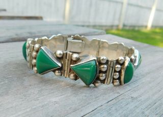 Vintage Mexico Signed Sterling Silver 925 Green Onyx Bracelet
