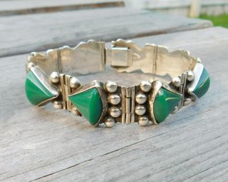 VINTAGE MEXICO SIGNED STERLING SILVER 925 GREEN ONYX BRACELET 5