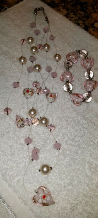 Blown Vintage Glass Necklaces And Bracelet Hearts And Confetti Murano Style