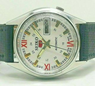 Seiko 5 Automatic Mens Steel Vintage Japan Made White Dial Watch Run H