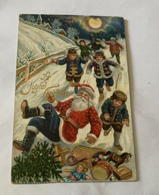Vintage Christmas Gel Postcard - Santa Claus Falls Down Hill - Children 15925