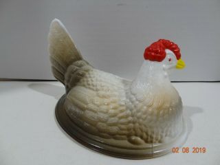 Vintage Westmoreland Milk Glass Red Head Black Accent Split Tail Hen On A Nest