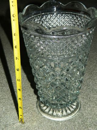 Large Vintage Wexford Pressed Diamond Glass Vase - 10 " Footed - Anchor Hocking