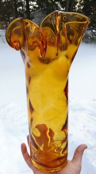Blenko Large Vintage Pinch Dent Art Glass Vase Ruffle Amber Yellow