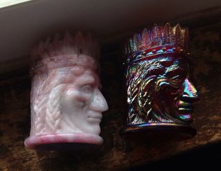 2 Vintage Joe St.  Clair Indian Cheif Head Toothpick Holders - Red & Pink - 2