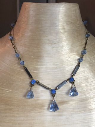 Vtg Art Deco Necklace Open Bezel Pointed Back Crystal Aqua Marine Fine