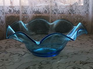 Vintage Blue Hand Blown Art Glass Ruffled Bowl Pontil Punt Mark Old Large Pretty