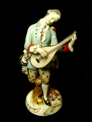 Vintage Porcelain Figurine Of A Victorian Man Playing A Mandolin Hand Painted
