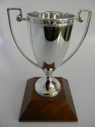 Vintage 1976 Trophy Metal Cup on a Wood Base,  6.  25” 3