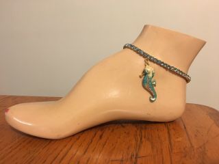 Vtg Beach Cruise Turquoise Rhinestone Ankle Bracelet W/ Seahorse Dangle Charm