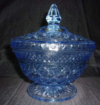 Vintage Diamond Point Crystal Blue Glass Pedestal Candy Dish W/lid