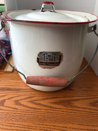 Vintage Porcelain Enamelware Bucket Pail With Lid Handle White W/ Red Trim Label