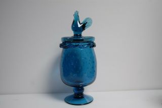 Vintage Candy Jar Cobalt Blue Bubble Glass With Pontil Mark & Rooster Top Lid