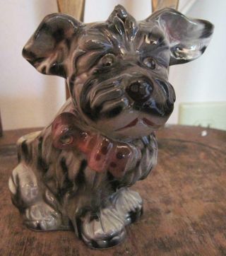 Vtg Black Dog Planter W Polka Dot Bow Ceramic Art Pottery Numbered S1042