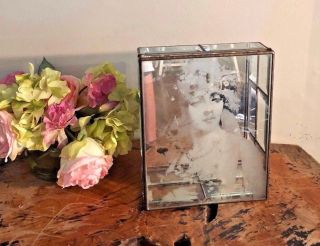 Vintage French Art Deco Style Bevelled Edge Glass Mirror Bottom Brass Hinged Box
