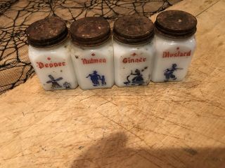 4 Vintage Blue And Red Milk Glass Spice Jars Frank 