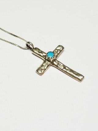 Vintage Hammered Sterling Silver Turquoise Cross Pendant