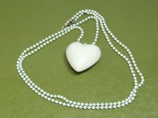 Vintage White Enamel Ball Bead Link & Puffy Heart Pendant Necklace 36 " ^