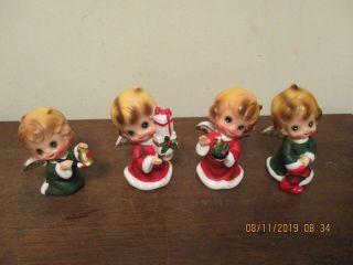 Vintage Josef Originals Set Of 4 Christmas Angels W/bell Gifts Candle & Stocking