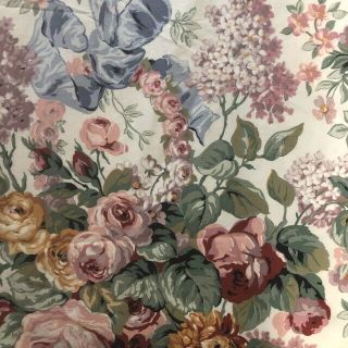 Ralph Lauren Queen Flat Sheet Allison Floral Roses/shabby Vtg Chic Blue Ribbon